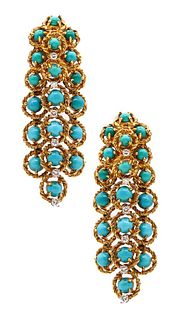 CELLINO Dangle Drops Earrings 18Kt Gold 13.78 Cts In Turquoises & Diamonds