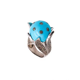Turquoise Cocktail Ring In 18Kt White Gold With 4.61 Cts In Diamonds