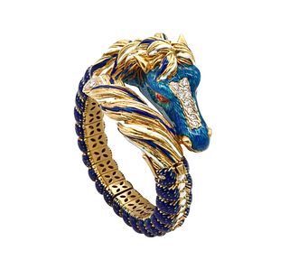Frascarolo 1960 Italy Horse Bracelet In 18Kt Gold With Enamel, Diamonds & Rubies