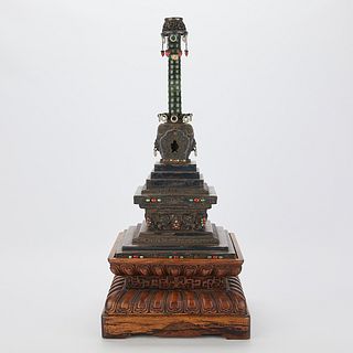 Tibetan Silver, Jade, Coral, & Turquoise Stupa