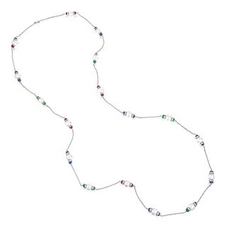 Pearl Ruby Emerald Sapphire and Diamond Long Chain Necklace