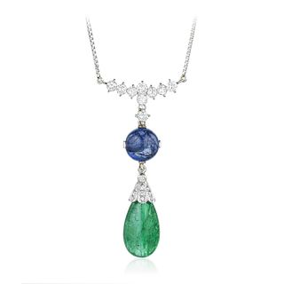 Diamond Sapphire and Emerald Drop Necklace