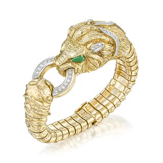 Vintage Lion Head Diamond and Emerald Bangle Bracelet