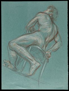 Paul Cadmus Seated Male Nude Crayon on Green Paper