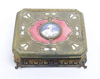 A French Gilt Metal and Mother-of-Pearl Inlay Jewelry Box, Length 12 inches.