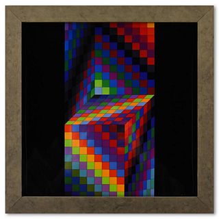 Victor Vasarely (1908-1997), "Axo - 77 de la sÃ©rie Hommage A L'Hexagone" Framed 1971 Heliogravure Print with Letter of Authenticity