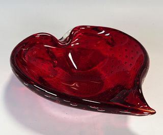 RED ART GLASS CONTROLLED BUBBLE CANDY DISH
