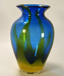 SIGNED NUMBERED HAND BLOWN ART GLASS BLUE & YELLOW VASE