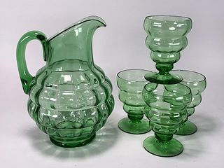 GREEN GLASS PITCHER & GLASSES 