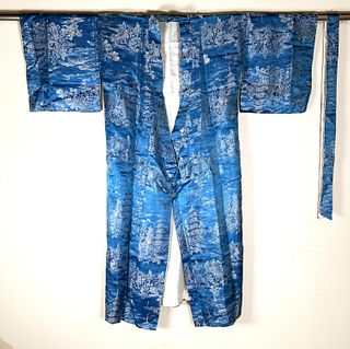 VINTAGE BLUE & SILVER JAPANESE KIMONO ROBE & HAND FANS