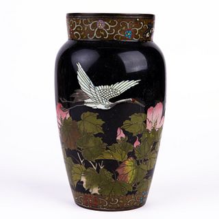 Japanese Cloisonne Enamel Stork Vase Meiji 19th C