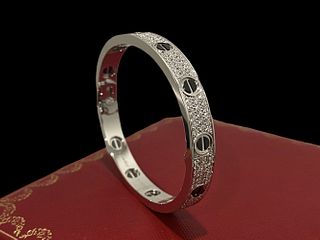 Cartier 18K White Gold Diamond-Paved Ceramic Love Bracelet Size 16