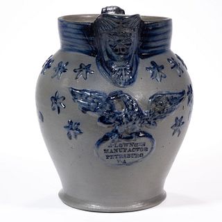 IMPORTANT HENRY LOWNDES (D. 1842), PETERSBURG, VIRGINIA DECORATED STONEWARE JUG / PITCHER