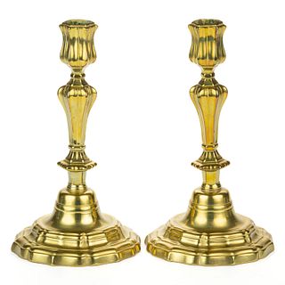 FRENCH SCALLOPED-BASE BRASS CANDLESTICKS, PAIR
