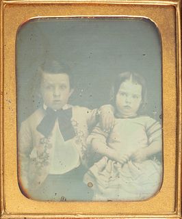1/6 Plate Ambrotype, Portrait Of Two Children, H 3.75" W 3.25" Depth 1"