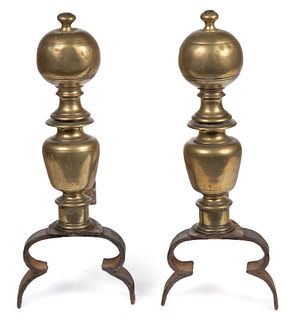 DUTCH BRASS AND WROUGHT-IRON PAIR OF ANDIRONS
