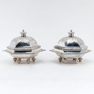 Pair of Circa 1855 English Robert Garrard Silver and Silver Plate Covered Vegetable Dishes
