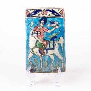 Iznik Persian Qajar Glazed Rider Ceramic Tile 19th Century 
