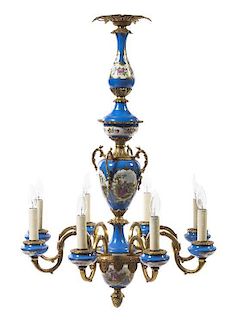 A Sevres Style Porcelain and Gilt Metal Eight-Light Chandelier, Height 38 x diameter 26 inches.