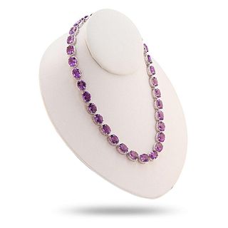 93.00ctw Amethyst and 0.50ctw Diamond Platinum Over Silver Necklace