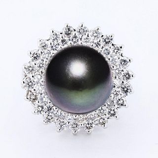 12.0mm Tahitian Pearl and 1.35ctw Diamond 14KT White Gold Ring