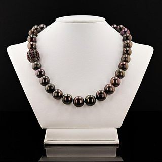11mm to 14mm Tahitian Pearl, 1.60ctw Ruby and 1.34ctw Diamond 14K White Gold Necklace