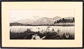 Japanese Signed Woodblock Print of Mountainside Lake