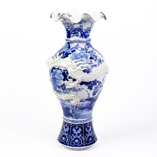 Large Chinese Blue & White Relief Dragon Vase 19th Century