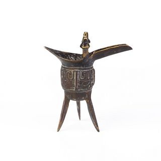 Chinese Gilded Bronze Jue Ritual Archaistic Vessel 