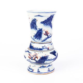 Chinese Blue & White Porcelain Gu Vase 19th Century 