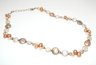 Lustrous .925 Sterling Silver chain & beaded Multicolor Coin and Baroque Pearl Necklace with Lobster Clasp 