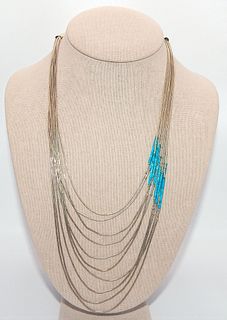 Navajo .925 Sterling Silver and Turquoise 10-Strand Waterfall Necklace 