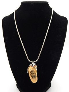 .925 Sterling Silver Snake Chain with Beautiful Scrimshaw of Ship Pendant