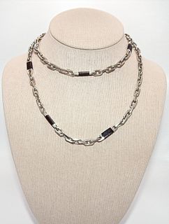 Sophisticated & Heavy .925 Sterling Silver Chain Link Necklace with Inlayed Ebony Accents 