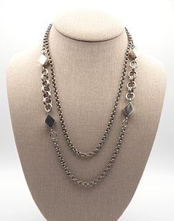 Unique .925 Sterling Silver Double-link Chain Necklace with 3D Diamond Shape Accents 