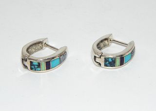 .925 Sterling Silver Hoop Earrings Inlaid with Agate, Lapiz, and Turquoise