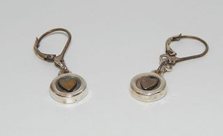 14k White Gold Round Dangle Earrings with Yellow Gold Hearts Set in Black Enamel with French Wire Lock Backs   Signed FF