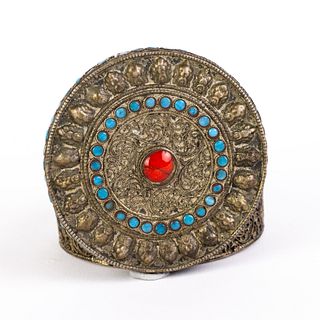Chinese Tibetan White Metal Turquoise & Coral Filigree Box