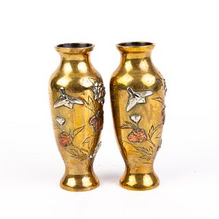 Pair of Japanese Mixed Metal Vases Meiji 