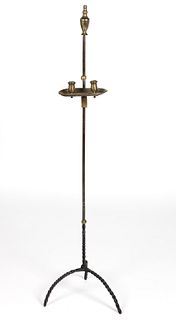 AMERICAN / ENGLISH BRASS AND WROUGHT-IRON / STEEL ADJUSTABLE FLOOR CANDLE STAND