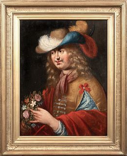  PORTRAIT OF A CHEVALIER HOLDING FLOWERS OIL PAINTING