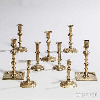 Nine Mostly English Brass Candlesticks
