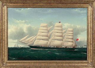 Frederick J. Tudgay (United Kingdom, 1841-1921)      Portrait of a Three-masted Vessel