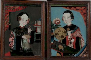 Pair of Chinese Export Reverse Paintings on Glass Depicting Women