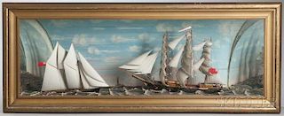 Carved and Painted Shadow Box Diorama of Two Sailing Ships