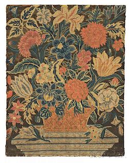 Needlework Panel with a Basket of Flowers on a Marble Pedestal