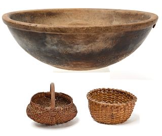 Large Turned Bowl and Two Baskets