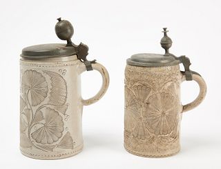 Two Stoneware Tankards with Pewter Lids