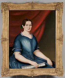 American School, 19th Century      Portrait of Georgiana Brackett of Newton, Massachusetts, in a Blue Dress