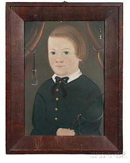 Prior/Hamblen School, Possibly the Work of E.W. Blake, Mid-19th Century      Portrait of a Boy in a Black Coat Holding a Ridi